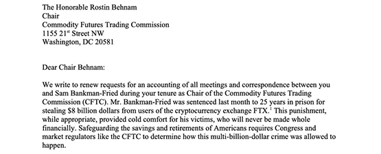 反加密议员Warren致信CFTC主席！要求公布与FTX的沟通内容
